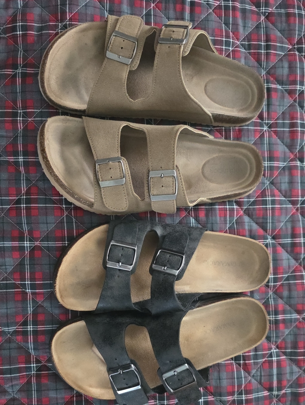 Double Buckle Suede Slide Sandals in Tan and Black